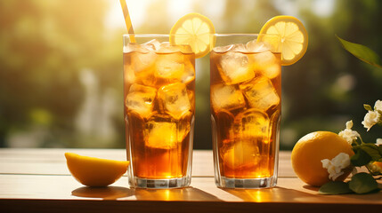 Traditional iced tea with lemon and ice in tall glasses, sunny bright background, generative ai