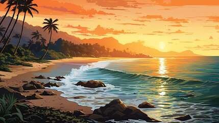 Illustrated idyllic landscapes of paradisiacal destinations, featuring serene beaches and lush jungles reminiscent of vintage travel posters. - obrazy, fototapety, plakaty