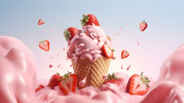 Strawberry ice cream. Scoops of italian dessert with waffle cone on isolated background. Illustration for banners, landing pages and web pages with summer motifs. Copy space. Generative AI