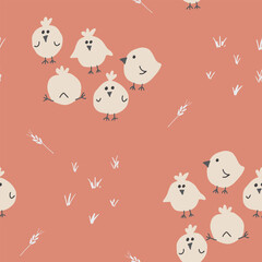 Obraz premium Cute chicken Seamless Pattern, Cartoon Doodle chickens Background vector Illustration