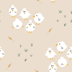 Cute chicken Seamless Pattern, Cartoon Doodle chickens Background vector Illustration