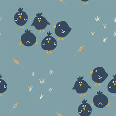 Cute chicken Seamless Pattern, Cartoon Doodle chickens Background vector Illustration