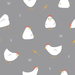 Cute Cartoon chicken and hen Seamless Pattern, Background vector Illustration