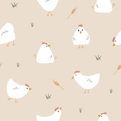 Cute Cartoon chicken and hen Seamless Pattern, Background vector Illustration