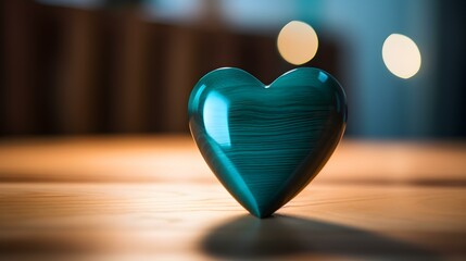 Close up of a cyan Heart on a wooden Table. Blurred Background