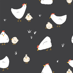 Cute Cartoon chicken and hen Seamless Pattern, Background vector Illustration - obrazy, fototapety, plakaty