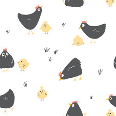 Cute Cartoon chicken and hen Seamless Pattern, Background vector Illustration