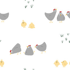 Cute Cartoon chicken and hen Seamless Pattern, Background vector Illustration
