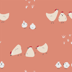 Cute Cartoon chicken and hen Seamless Pattern, Background vector Illustration