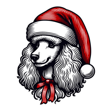 recommend clip art: Poodle dog wearing a Christmas hat and a bow sketch