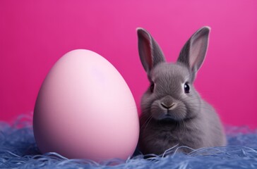 Adorable grey bunny with soft fur sitting beside a large pink egg on a vibrant purple background. - Powered by Adobe