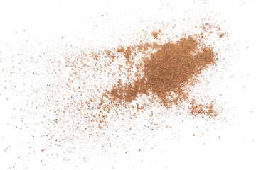 Milled nutmeg, powder isolated on white, top view