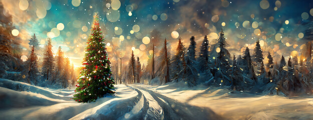 Christmas tree background in winter snowy coniferous forest with fairy landscape. Happy New Year panorama with copy space. Sunny weather in cold day.