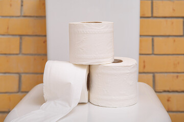 Paper rolls on ceramic toilet bowl against brick wall, closeup