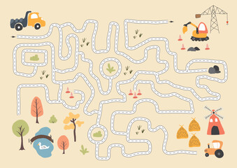 Labyrinth, Maze game for children. Logical puzzle for kids. Quest to find the right path for a truck to construction site. Vector illustration A4 - ready to print format.