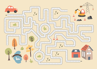 Labyrinth, Maze game for children. Logical puzzle for kids. Quest to find the right path for a car to the house. Vector illustration A4 - ready to print format.