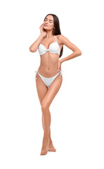 Young woman in stylish bikini isolated on white