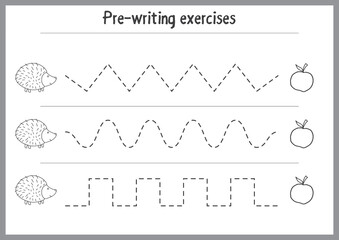 Obraz premium Basic writing exercises. Trace line worksheets for children. Preschool handwriting practice. Vector illustration. A4 - ready to print format