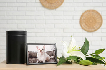 Frame with picture of dog, lily flowers and mortuary urn on table near light brick wall. Pet funeral
