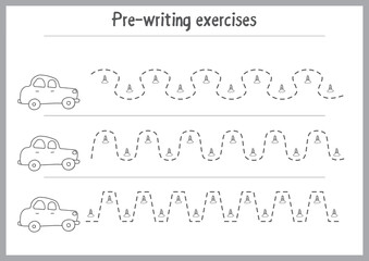 Fototapeta premium Basic writing exercises. Trace line worksheets for children. Preschool handwriting practice. Vector illustration. A4 - ready to print format