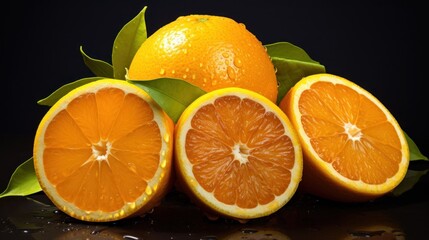 Fototapeta premium a group of oranges sitting next to each other on top of a black surface with leaves on top of them.