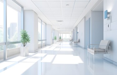 Long white hospital corridor with rooms and seats, empty accident and emergency interior