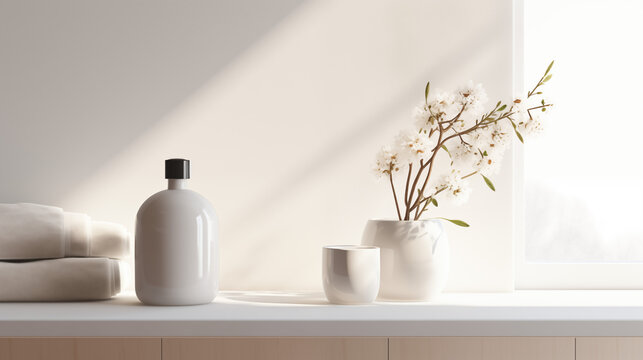 A Closeup Of A Luxury Bathroom Countertop With Towels And Beauty Products. Minimalist Scandinavian Home And Spa Decor. 