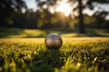 Close-up golf ball on green grass with blur green bokeh background. Sport concept. Active lifestyle