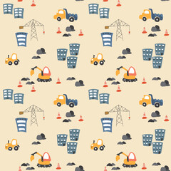Cute construction site Seamless Pattern, Cartoon building area background, vector Illustration.