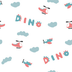 Cute Dino Airplanes and helicopters Seamless Pattern, Childish Cartoon background, vector Illustration.