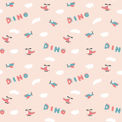 Cute Dino Airplanes and helicopters Seamless Pattern, Childish Cartoon background, vector Illustration.