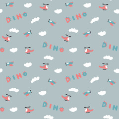Cute Dino Airplanes and helicopters Seamless Pattern, Childish Cartoon background, vector Illustration.
