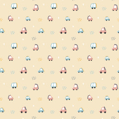 Cute Dino Cars Seamless Pattern, Childish Cartoon background, vector Illustration.