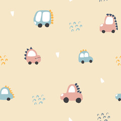Cute Dino Cars Seamless Pattern, Childish Cartoon background, vector Illustration.
