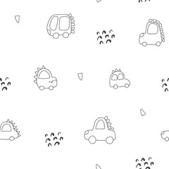 Cute Dino Cars Seamless Pattern, Childish Cartoon background, vector Illustration.