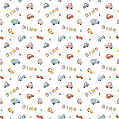 Cute Dino Cars Seamless Pattern, Childish Cartoon background, vector Illustration.