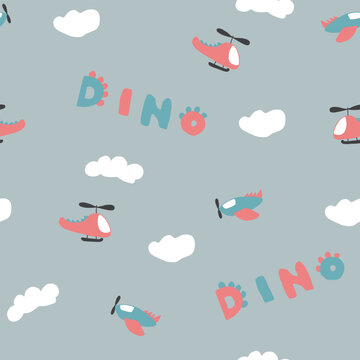 Cute Dino Airplanes and helicopters Seamless Pattern, Childish Cartoon background, vector Illustration.