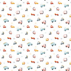 Cute Dino Cars Seamless Pattern, Childish Cartoon background, vector Illustration.