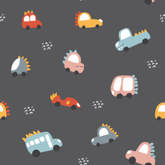 Obraz premium Cute Dino Cars Seamless Pattern, Childish Cartoon background, vector Illustration.