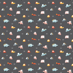 Cute Dino Cars Seamless Pattern, Childish Cartoon background, vector Illustration.