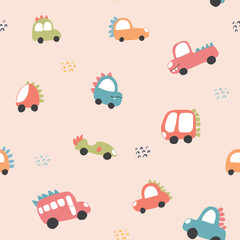 Fototapeta premium Cute Dino Cars Seamless Pattern, Childish Cartoon background, vector Illustration.