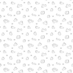 Cute Dino Cars Seamless Pattern, Childish Cartoon background, vector Illustration.