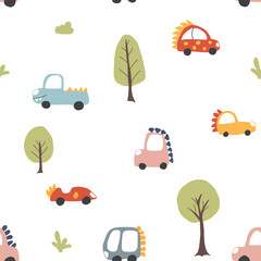 Obraz premium Cute Dino Cars Seamless Pattern, Childish Cartoon background, vector Illustration