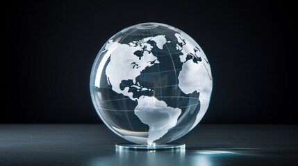  a glass globe sitting on a table with a black background and a reflection of the earth in the glass globe.