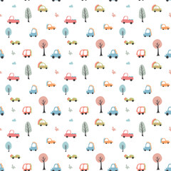 Cute Dino Cars Seamless Pattern, Childish Cartoon background, vector Illustration
