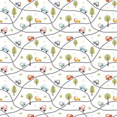 Cute Dino Cars Seamless Pattern, Childish Cartoon background, vector Illustration