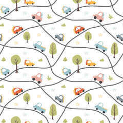 Cute Dino Cars Seamless Pattern, Childish Cartoon background, vector Illustration
