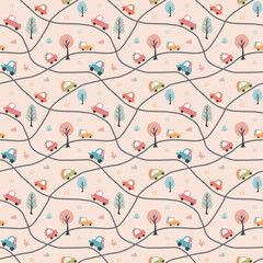 Cute Dino Cars Seamless Pattern, Childish Cartoon background, vector Illustration