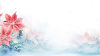Fototapeta na wymiar Poinsettia flowers and snowflakes on white background, card, copy space