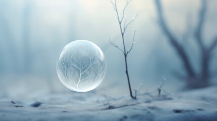  a snow globe sitting on top of a snow covered ground next to a leafless tree in the middle of a forest.